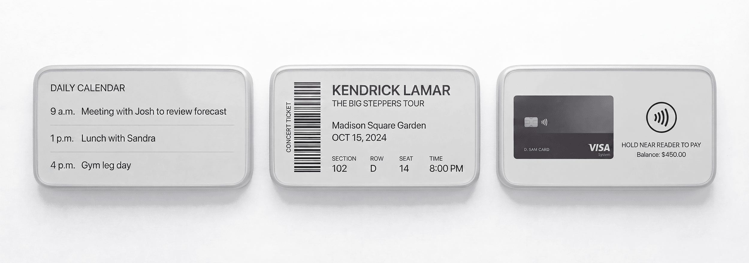 E-ink display examples — boarding pass, concert ticket, tap-to-pay